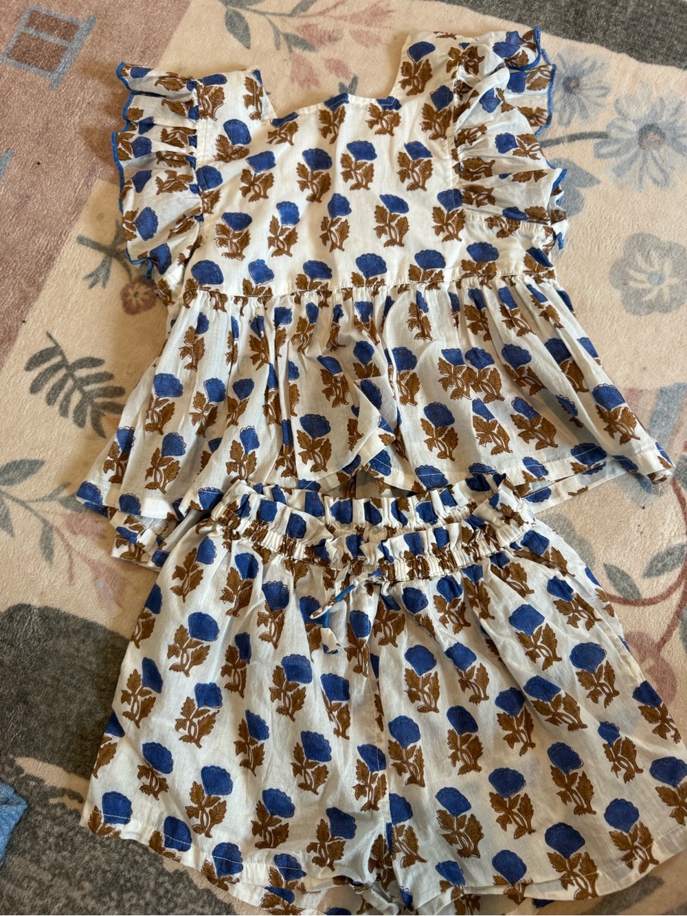 Pink Chicken White Floral Ruffle Top & Shorts Set - Blue & Brown Print